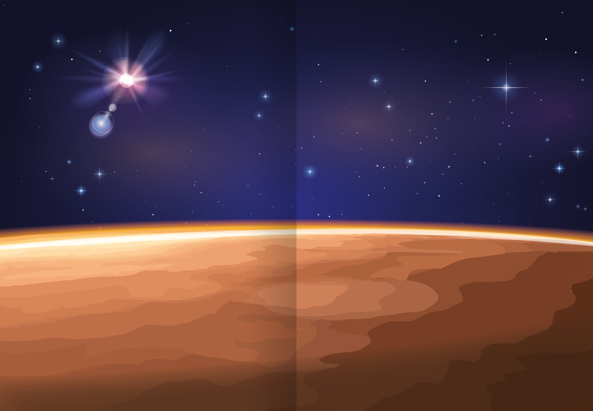 Gezeigt wird eine Innen- oder Zusatzansicht von „Meine Sticker – Mond und Weltraum“. Die Illustration zeigt eine weite, starre Landschaft auf einer Planetenoberfläche, umgeben von einem tiefblauen, sternenübersäten Himmel. Glitzernde Sterne funkeln in verschiedenen Größen, während eine helle Lichtquelle den Hintergrund erhellt. Die sanften Erdtöne der Oberfläche kontrastieren harmonisch mit den kühlen Farbtönen des Nachthimmels, was eine mystische und einladende Atmosphäre...