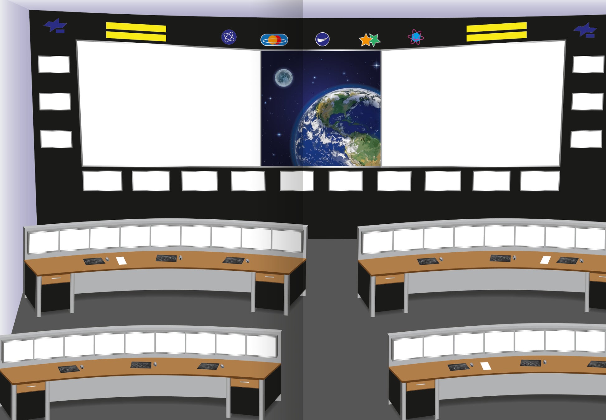 Gezeigt wird eine Innen- oder Zusatzansicht von „Meine Sticker – Mond und Weltraum“. Der Raum ist im Raumdesign eines Kontrollzentrums gehalten und zeigt einen großen Bildschirm mit einer Darstellung der Erde im Weltraum. Vor den Bildschirmen stehen mehrere runde Tische mit Laptops. Dominierende Farben sind Schwarz, Blau und Erdtöne, ergänzt durch leuchtende Elemente wie Sterne und Symbole an der Wand. Die Typografie ist modern und klar, um eine ansprechende Benutzererfahrung zu...