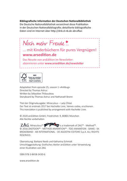Gezeigt wird eine Innen- oder Zusatzansicht von „Miraculous – Lady Chloé“. Die Seite enthält bibliografische Informationen und Hinweise zur Veröffentlichung. Der Text ist in klarer, gut lesbarer Typografie in Schwarz gehalten.