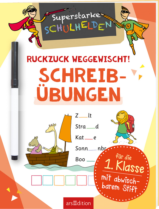 Das Buchcover zeigt fröhliche, cartoonartige Superhelden, die mit bunten Umhängen und Masken ausgestattet sind. Der Titel „Superstarke SCHULHELDEN“ ist in lebhaften Farben auf einem schwarzen Tafelhintergrund platziert. Darunter steht „RUCKZUCK WEGGEWISCHT! SCHREIBÜBUNGEN“ in großen, auffälligen roten Buchstaben. Farbige, geometrische Formen rahmen das Cover. Ein dicker schwarzer Marker liegt links neben dem Cover. Ganz unten mittig steht der Logoschriftzug von arsEdition.