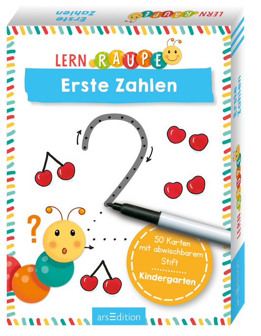 Fröhliches Kindercover auf weißem Grund mit buntem Wellenrand in Rot Gelb Grün Blau. Oben Titelbandage in Hellblau mit weißer Schrift „Erste Zahlen“ und Logoreihe „LERNRAUPE“ mit gelber Raupe. Große graue gepunktete Ziffer 2 als Schreibübung, rote Kirschen als Zählmotive und ein abwischbarer schwarzer Stift. Gelbes Rundlabel nennt 50 Karten mit Stift und Kindergarten. Verspielt freundliche, lehrreiche Atmosphäre. Ganz unten mittig steht der Logoschriftzug von arsEdition.