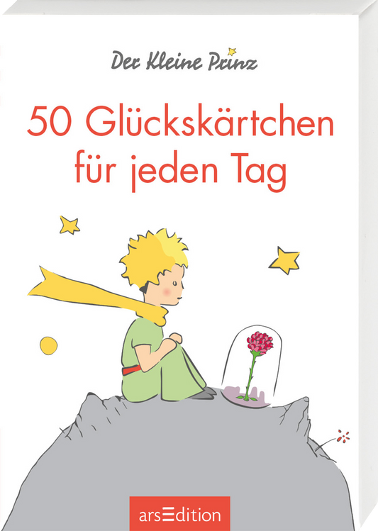 Auf dem Cover ist ein kindlicher Junge mit gelben Haaren in einem grünen Outfit zu sehen, der auf einem grauen Berg sitzt. Um ihn herum sind vereinzelte Sterne und eine Blume in einem Glaskasten. Der Titel „50 Glückskärtchen für jeden Tag“ ist in kräftigem Rot oberhalb des Jungen platziert, während der Schriftzug „Der kleine Prinz“ in einer verspielten Schriftart darüber steht. Ein SPIEGEL-Bestseller-Button ist in der oberen linken Ecke sichtbar. Ganz unten mittig steht der...