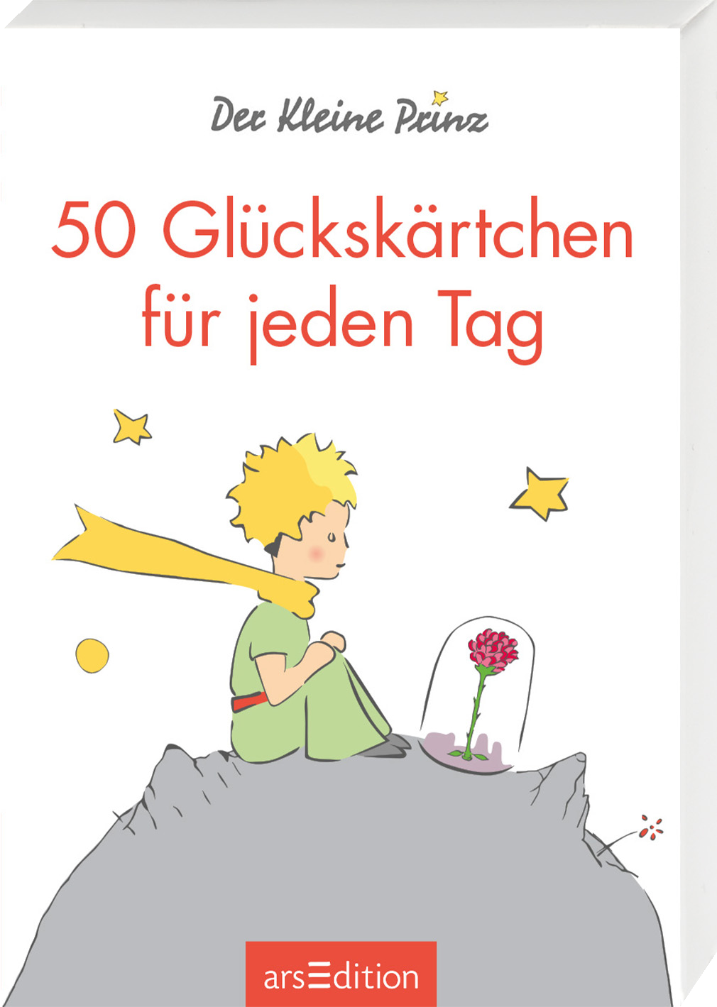 Auf dem Cover ist ein kindlicher Junge mit gelben Haaren in einem grünen Outfit zu sehen, der auf einem grauen Berg sitzt. Um ihn herum sind vereinzelte Sterne und eine Blume in einem Glaskasten. Der Titel „50 Glückskärtchen für jeden Tag“ ist in kräftigem Rot oberhalb des Jungen platziert, während der Schriftzug „Der kleine Prinz“ in einer verspielten Schriftart darüber steht. Ein SPIEGEL-Bestseller-Button ist in der oberen linken Ecke sichtbar. Ganz unten mittig steht der...