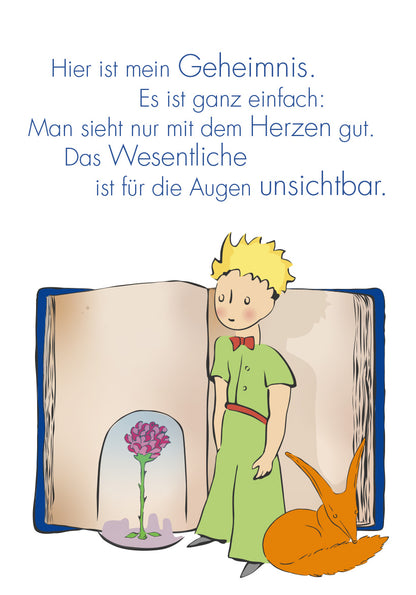 Gezeigt wird eine Innen- oder Zusatzansicht von „Der Kleine Prinz. 50 Glückskärtchen für jeden Tag“. Auf der Abbildung ist ein offenes Buch zu sehen, das einen kleinen Prinzen mit blonden Haaren in einem grünen Anzug zeigt. Neben ihm sitzt ein orangefarbener Fuchs. Über ihnen schwebt ein Zitat in blauen Buchstaben: „Hier ist mein Geheimnis. Es ist ganz einfach: Man sieht nur mit dem Herzen gut. Das Wesentliche ist für die Augen unsichtbar.“ Die Farben sind sanft und ansprechend.