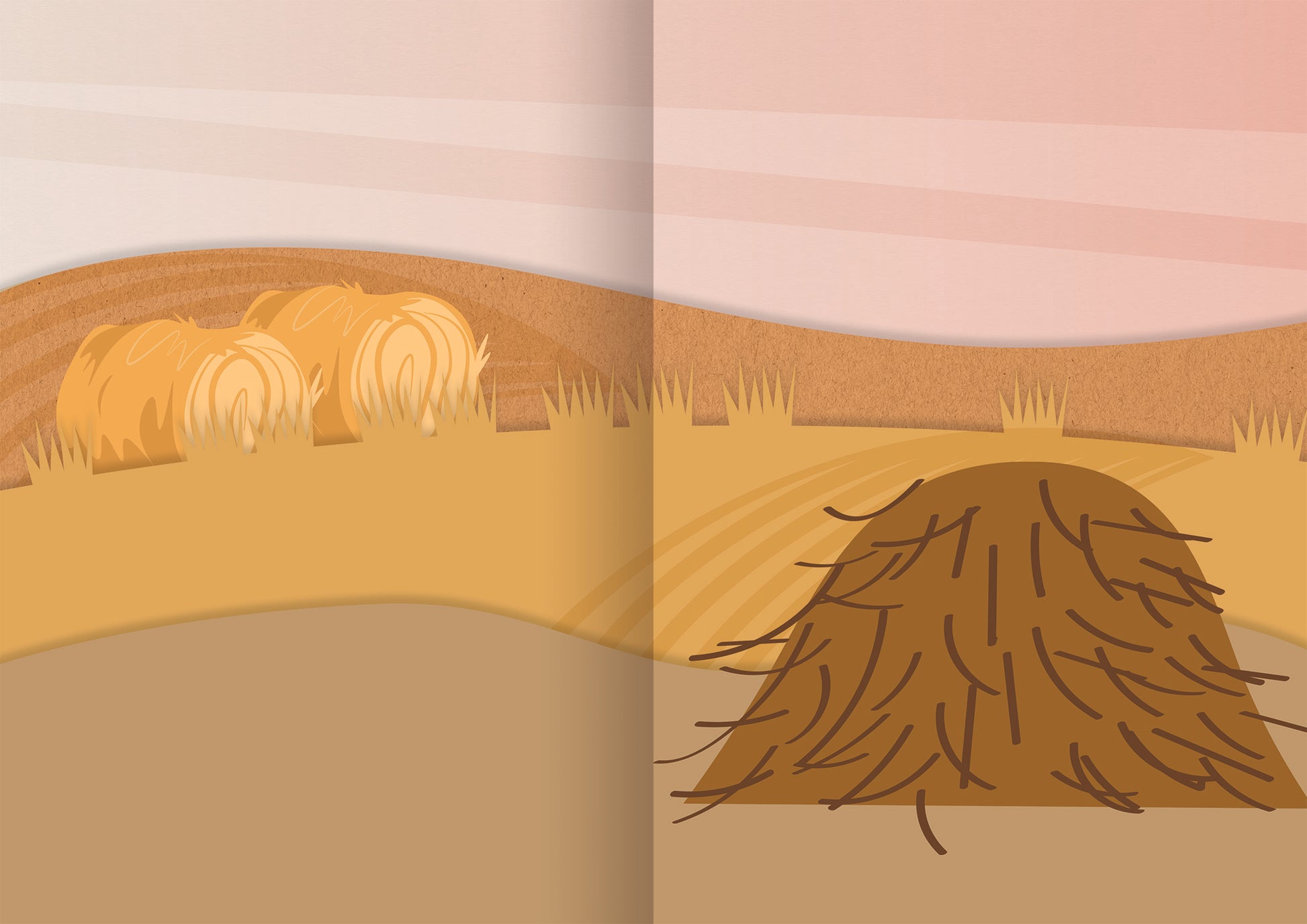 Gezeigt wird eine Innen- oder Zusatzansicht von „Mein Foto-Stickerspaß – Bauernhof“. Die Illustration zeigt sanfte, warm-goldene Farbtöne, die eine ländliche Szenerie darstellen. Im Hintergrund sind rundliche Heuballen zu sehen. Der Himmel ist in sanften Rosatönen gefärbt, was eine angenehme, beruhigende Atmosphäre schafft. Im Vordergrund steht ein Heuhaufen.
