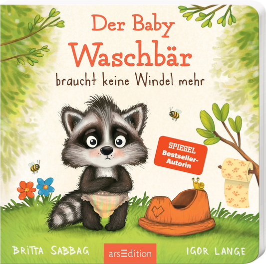 Das Buchcover zeigt einen niedlichen, cartoonhaften Waschbären, der ohne Windel dasteht und geschaut schaut. Der Waschbär hat ein weiches, graues Fell und große, neugierige Augen. Die Hintergrundfarbe ist ein sanftes Hellrot, umrahmt von grünen Blättern und kleinen Insekten. Der Titel „Der Baby Waschbär braucht keine Windel mehr“ ist in kräftigen, verspielten Buchstaben in Rot gehalten. In der oberen rechten Ecke befindet sich ein roter SPIEGEL-Bestseller-Button mit dem Text...