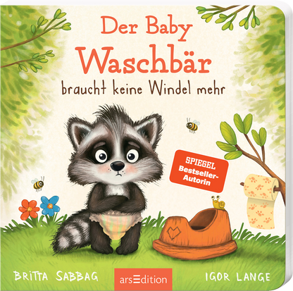 Das Buchcover zeigt einen niedlichen, cartoonhaften Waschbären, der ohne Windel dasteht und geschaut schaut. Der Waschbär hat ein weiches, graues Fell und große, neugierige Augen. Die Hintergrundfarbe ist ein sanftes Hellrot, umrahmt von grünen Blättern und kleinen Insekten. Der Titel „Der Baby Waschbär braucht keine Windel mehr“ ist in kräftigen, verspielten Buchstaben in Rot gehalten. In der oberen rechten Ecke befindet sich ein roter SPIEGEL-Bestseller-Button mit dem Text...