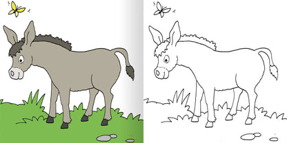 Gezeigt wird eine Innen- oder Zusatzansicht von „Mein erstes dickes Malbuch ab 2 – Lieblingstiere“. Links ist ein graubrauner Esel zu sehen, der auf einer grünen Wiese steht, umgeben von einigen Steinen und gelben Schmetterlingen. Der Esel hat eine markante Mähne in dunkler Farbe. Rechts zeigt die Zusatzansicht eine ausmalbare Version des Esels in schwarz-weiß. Die klare, einfache Linienführung und die großen Flächen laden zum Ausmalen ein.
