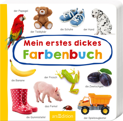 Das Buchcover zeigt eine helle, fröhliche Gestaltung mit einem gelben Rand. In der Mitte steht in bunten, verspielten Buchstaben der Titel „Mein erstes dickes Farbenbuch“. Um den Titel sind verschiedene Illustrationen platziert, darunter ein Papagei, ein Teddybär, Schuhe, ein Hund, eine Banane, ein Frosch, eine Zwetschge, ein Ferkel, Gummistiefel und ein Spielzeuglaster. Die Atmosphäre ist lebhaft und kindgerecht. Ganz unten mittig steht der Logoschriftzug von arsEdition.
