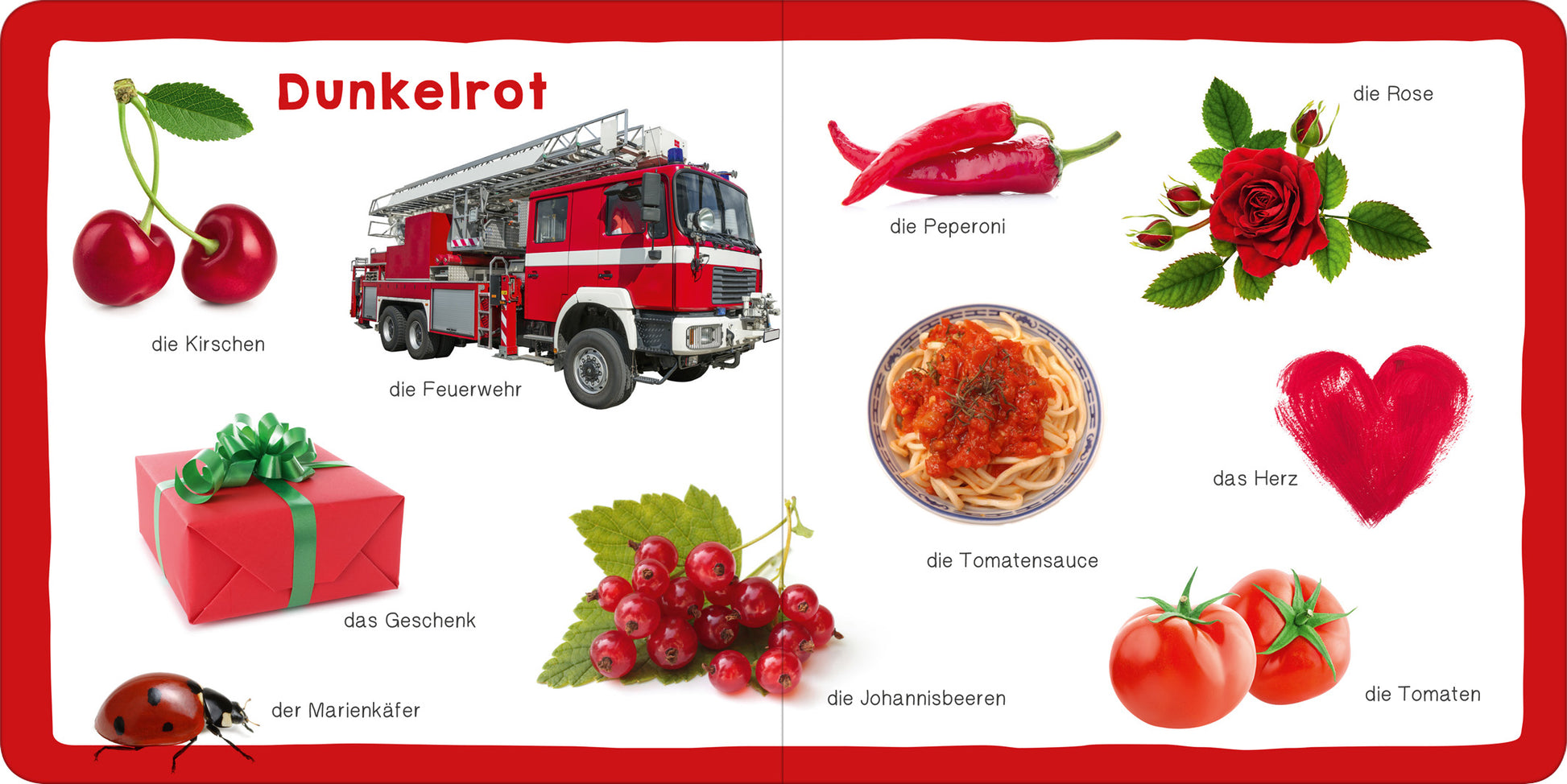 Gezeigt wird eine Innenansicht von „Mein erstes dickes Farbenbuch“. Das Layout ist in kräftigen Dunkelrot- und Hellbunt-Tönen gehalten. Auf der linken Seite sind Bilder von Kirschen, einer Feuerwehr, einem Geschenk und einem Marienkäfer abgebildet. Auf der rechten Seite finden sich Illustrationen von Paprika, einer Rose, Herz und Tomaten, jeweils mit den passenden deutschen Bezeichnungen. Die Typografie ist groß und gut leserlich, was eine ansprechende und kinderfreundliche Gestaltung...