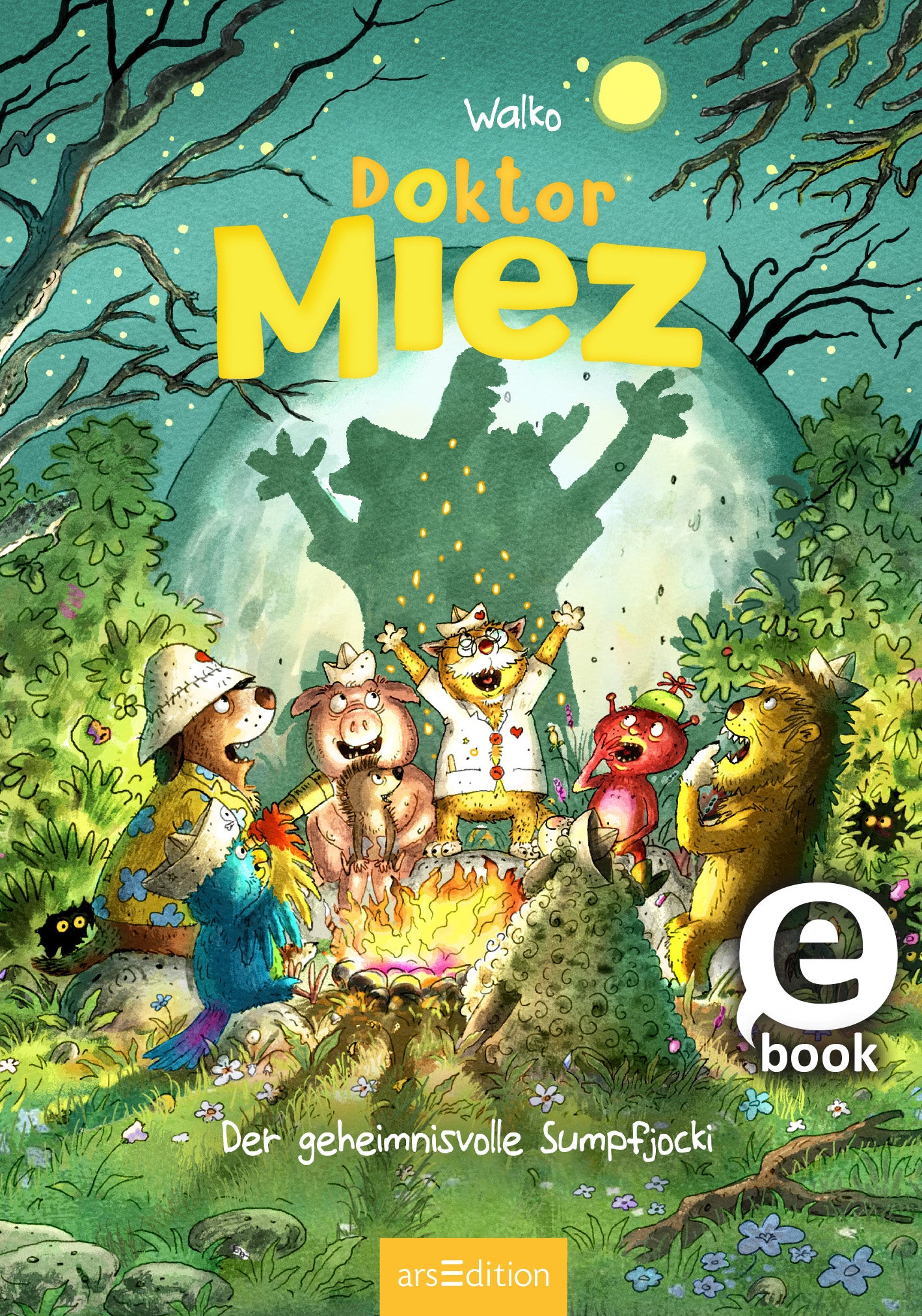 Das Buchcover zeigt eine fröhliche Gruppe von Tierfiguren, die um ein Lagerfeuer versammelt sind, darunter ein Bär und ein Schwein. Im Hintergrund erhellt ein großer, runder Mond die nächtliche Szene. Der Titel „Doktor Miez“ ist groß und auffällig in gelber Schrift gestaltet. Darunter steht in kleinerer Schrift „Der geheimnisvolle Sumpfjocki“. In der oberen linken Ecke befindet sich ein SPIEGEL-Bestseller-Button mit dem Text „SPIEGEL-Bestseller“. Ganz unten mittig steht der...