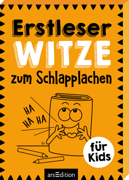Gezeigt wird ein leuchtend orangefarbenes Cover einer Kartenbox mit dem Titel „Erstleser WITZE zum Schlapplachen“ in großer Schrift. Im oberen Bereich des Covers sind die Worte „Erstleser“ und „WITZE“ prominent platziert, während der Untertitel „zum Schlapplachen“ in kleinerer Schrift dargestellt ist. Eine lustige Buchfigur mit großen Augen und einem lachenden Mund sitzt unter dem Titel, daneben sind zwei Buntstifte abgebildet. Ganz unten mittig steht der Logoschriftzug von...