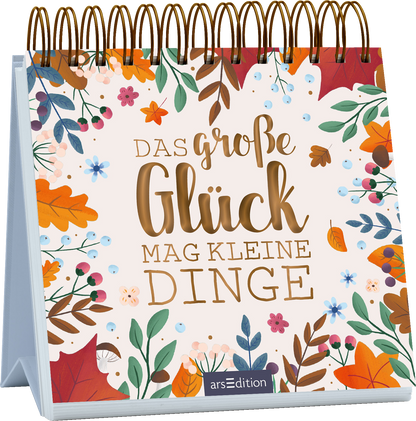 Das Buchcover zeigt einen sanften, cremefarbenen Hintergrund, umrahmt von bunten floralen Elementen in Rot-, Orange-, Blau- und Grüntönen. In der Mitte steht in großen, verspielten Buchstaben der Titel „Das große Glück mag kleine Dinge“ in Gold, der Wärme und Freude ausstrahlt. Die Schriftart ist gut lesbar und sorgsam gestaltet. Ganz unten mittig steht der Logoschriftzug von arsEdition.