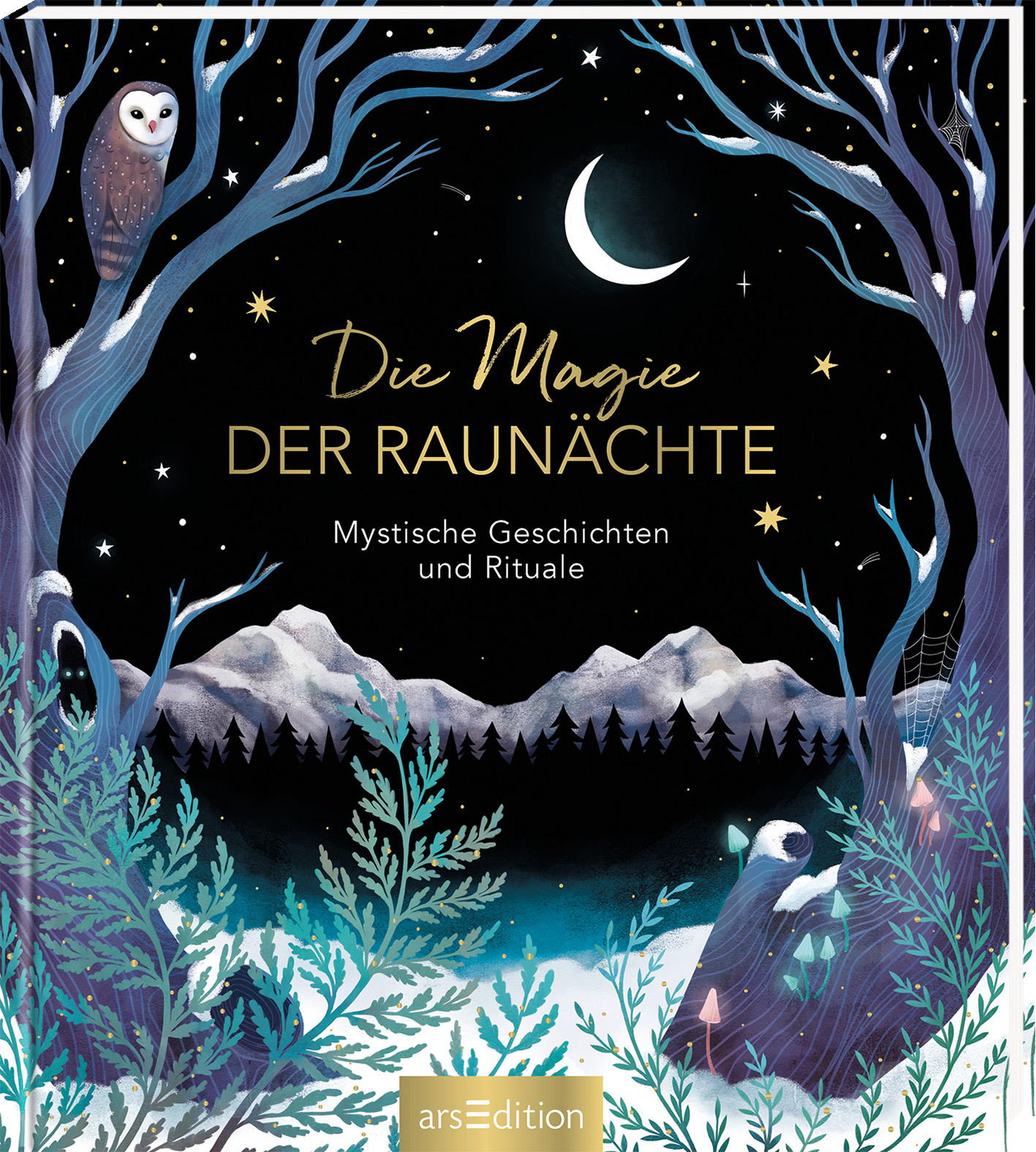 Das Buchcover zeigt eine nächtliche Winterlandschaft mit tiefblauem Himmel, in dem ein zarter Halbmond und funkelnde Sterne leuchten. Im Vordergrund stehen stilisierte, schneebedeckte Bäume und grüne Pflanzen. Links sitzt eine Eule auf einem Ast, während rechts ein kleiner Bär zu sehen ist. Der Titel „Die Magie DER RAUNÄCHTE“ ist in geschwungener, goldener Schrift platziert, darunter steht „Mystische Geschichten und Rituale“. Ganz unten mittig steht der Logoschriftzug von...