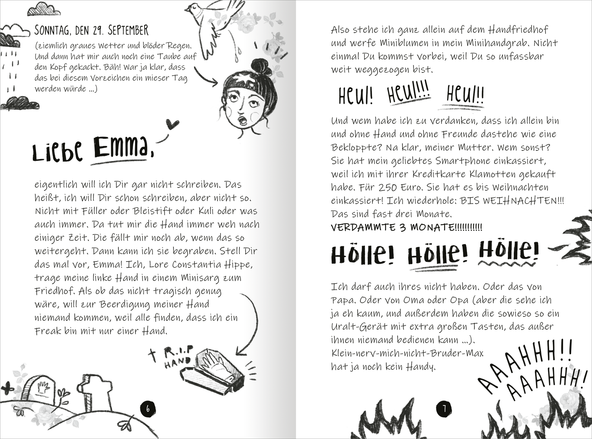 Gezeigt wird eine Innen- oder Zusatzansicht von „PS: Du bist die Beste!“. Die Seiten sind in einem handschriftlichen, persönlichen Stil gehalten. Auf der linken Seite steht „Liebe Emma,“ in geschwungener Schrift, umrahmt von skizzenhaften Illustrationen, darunter eine Zeichnung eines Grabsteins. Auf der rechten Seite werden die Worte „Hölle! Hölle! Hölle!“ in großer, auffälliger Schrift betont. Die Farbpalette ist überwiegend schwarz-weiß mit vereinzelten Akzenten, wodurch...