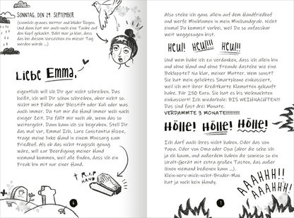 Gezeigt wird eine Innen- oder Zusatzansicht von „PS: Du bist die Beste!“. Die Seiten sind in einem handschriftlichen, persönlichen Stil gehalten. Auf der linken Seite steht „Liebe Emma,“ in geschwungener Schrift, umrahmt von skizzenhaften Illustrationen, darunter eine Zeichnung eines Grabsteins. Auf der rechten Seite werden die Worte „Hölle! Hölle! Hölle!“ in großer, auffälliger Schrift betont. Die Farbpalette ist überwiegend schwarz-weiß mit vereinzelten Akzenten, wodurch...