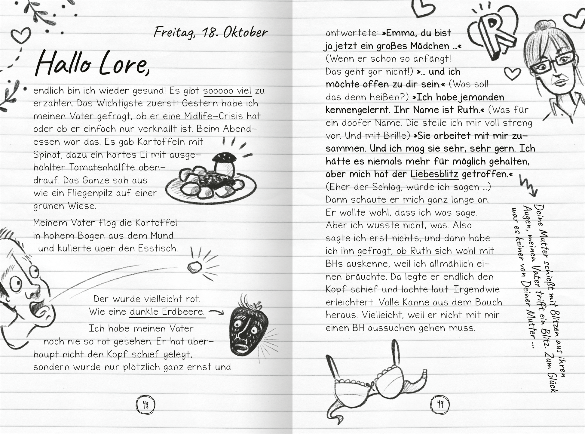 Gezeigt wird eine Innenansicht von „PS: Du bist die Beste!“. Die doppelten Seiten zeigen handschriftlichen Text in Schwarz und graue Strichzeichnungen. Auf der linken Seite steht „Hallo Lore,“ als Anrede, über einem skizzierten Teller mit einer Auswahl an Essen. Auf der rechten Seite sind verschiedene Illustrationen, darunter eine Frau mit Brille und ein Herz, sowie handgezeichnete Figuren. Die Seiten sind hell mit einem leicht strukturierten Hintergrund, was die Lesbarkeit...