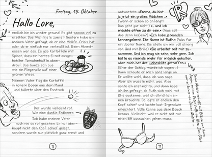Gezeigt wird eine Innenansicht von „PS: Du bist die Beste!“. Die doppelten Seiten zeigen handschriftlichen Text in Schwarz und graue Strichzeichnungen. Auf der linken Seite steht „Hallo Lore,“ als Anrede, über einem skizzierten Teller mit einer Auswahl an Essen. Auf der rechten Seite sind verschiedene Illustrationen, darunter eine Frau mit Brille und ein Herz, sowie handgezeichnete Figuren. Die Seiten sind hell mit einem leicht strukturierten Hintergrund, was die Lesbarkeit...