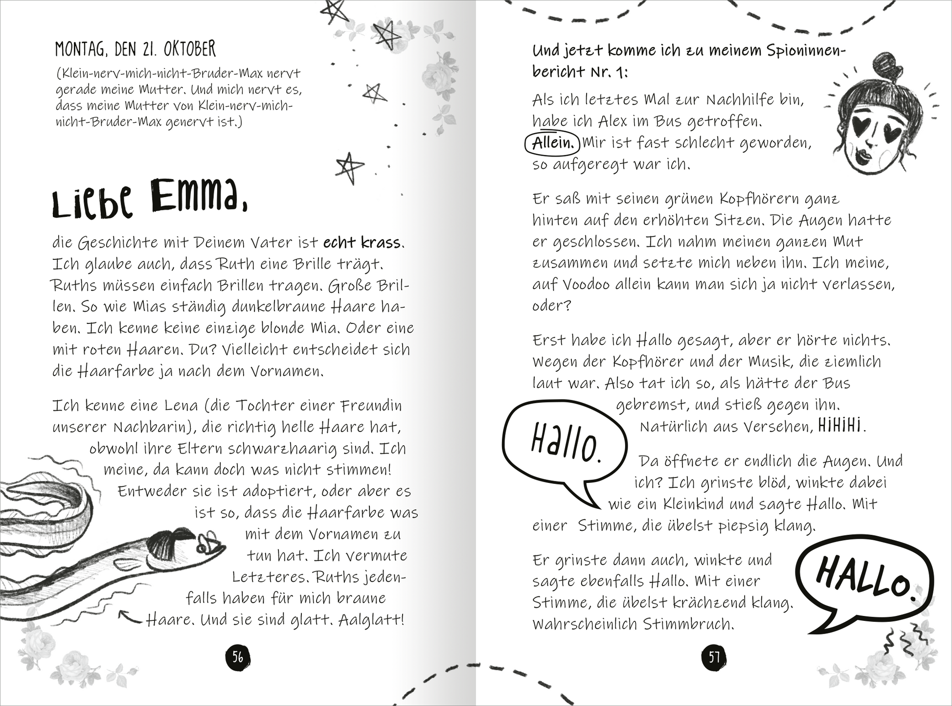 Gezeigt wird eine Innen- oder Zusatzansicht von „PS: Du bist die Beste!“. Die Doppelseite zeigt handschriftlich verfasste Briefe in Schwarz auf weißem Hintergrund. Links wird „Liebe Emma,“ mit einer fließenden Schriftart eingeleitet, umrahmt von skizzenhaften Illustrationen. Rechts sind Sprechblasen abgebildet, die „Hallo“ sagen, ergänzt durch eine Zeichnung eines Mädchens mit Dutt. Die insgesamt fröhliche Gestaltung wird durch minimalistische grafische Elemente und verspielte...