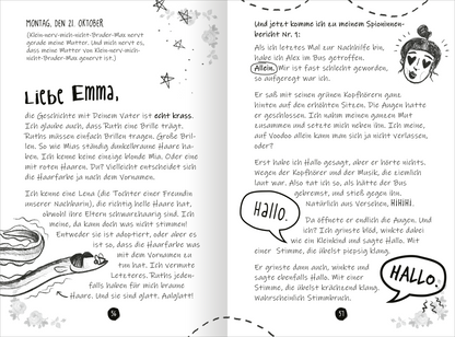 Gezeigt wird eine Innen- oder Zusatzansicht von „PS: Du bist die Beste!“. Die Doppelseite zeigt handschriftlich verfasste Briefe in Schwarz auf weißem Hintergrund. Links wird „Liebe Emma,“ mit einer fließenden Schriftart eingeleitet, umrahmt von skizzenhaften Illustrationen. Rechts sind Sprechblasen abgebildet, die „Hallo“ sagen, ergänzt durch eine Zeichnung eines Mädchens mit Dutt. Die insgesamt fröhliche Gestaltung wird durch minimalistische grafische Elemente und verspielte...