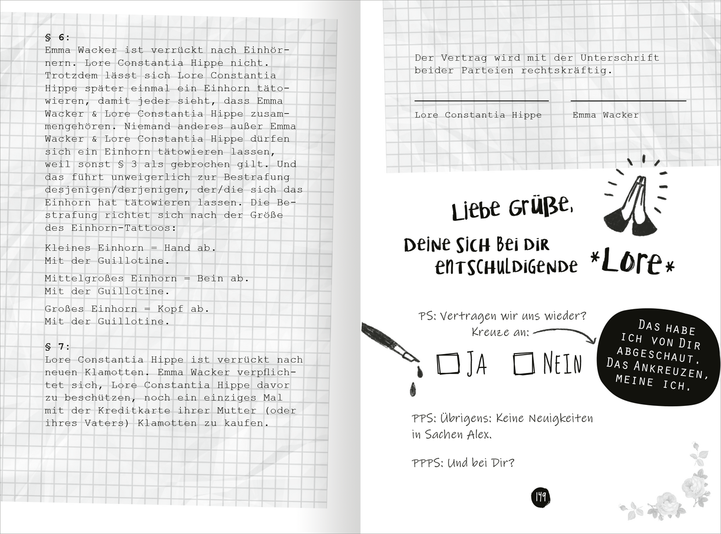 Gezeigt wird eine Innen- oder Zusatzansicht von „PS: Du bist die Beste!“. Die Seite links enthält handschriftlich verfasste Texte auf kariertem Hintergrund, in Schwarz auf Weiß. Die Schrift besteht aus verschiedenen Schriftgrößen, wobei wichtigere Worte hervorgehoben sind. Rechts befindet sich ein skizzenhaftes Design mit einem Stift und Kästchen zum Ankreuzen.