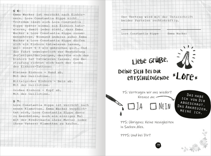 Gezeigt wird eine Innen- oder Zusatzansicht von „PS: Du bist die Beste!“. Die Seite links enthält handschriftlich verfasste Texte auf kariertem Hintergrund, in Schwarz auf Weiß. Die Schrift besteht aus verschiedenen Schriftgrößen, wobei wichtigere Worte hervorgehoben sind. Rechts befindet sich ein skizzenhaftes Design mit einem Stift und Kästchen zum Ankreuzen.