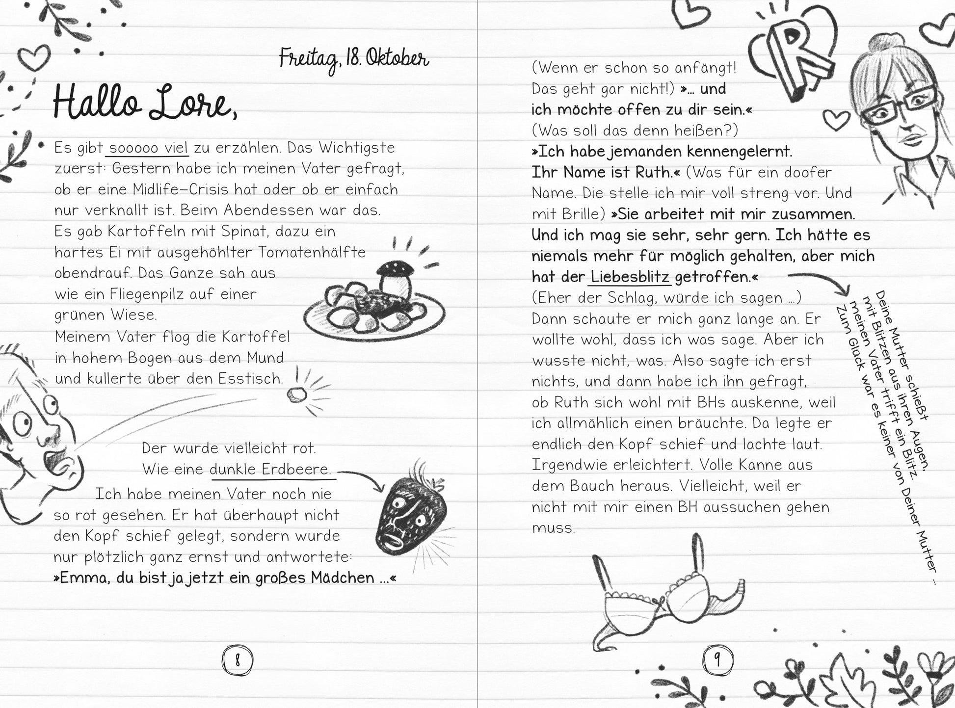 Gezeigt wird eine Innen- oder Zusatzansicht von „PS: Du bist die Beste!“. Die Doppelseite zeigt handschriftlichen Text auf liniertem Papier, mit skizzenhaften Illustrationen. Links sind Zeichnung von Speisen zu sehen. Rechts erkennt man eine skizzenhaften Figur von einer Frau mit Brille. Die Farbgebung ist in Schwarz-Weiß gehalten.