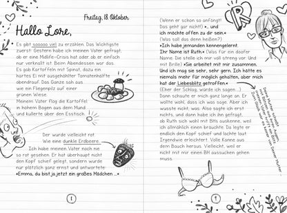 Gezeigt wird eine Innen- oder Zusatzansicht von „PS: Du bist die Beste!“. Die Doppelseite zeigt handschriftlichen Text auf liniertem Papier, mit skizzenhaften Illustrationen. Links sind Zeichnung von Speisen zu sehen. Rechts erkennt man eine skizzenhaften Figur von einer Frau mit Brille. Die Farbgebung ist in Schwarz-Weiß gehalten.