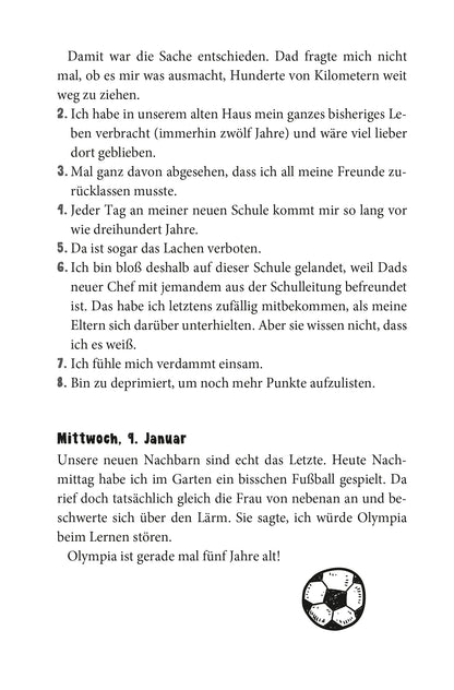 Gezeigt wird eine Innen- oder Zusatzansicht von „Wie man seine Eltern erzieht“. Der Text auf der Seite ist in einer gut lesbaren Schrift gehalten, versehen mit klaren Absätzen und einer nummerierten Aufzählung. Der Hintergrund ist Weiß, während der Text in Schwarz gedruckt ist, was einen hohen Kontrast bietet. Am unteren Rand der Seite ist eine schwarz-weiße Illustration eines Fußballs zu sehen.