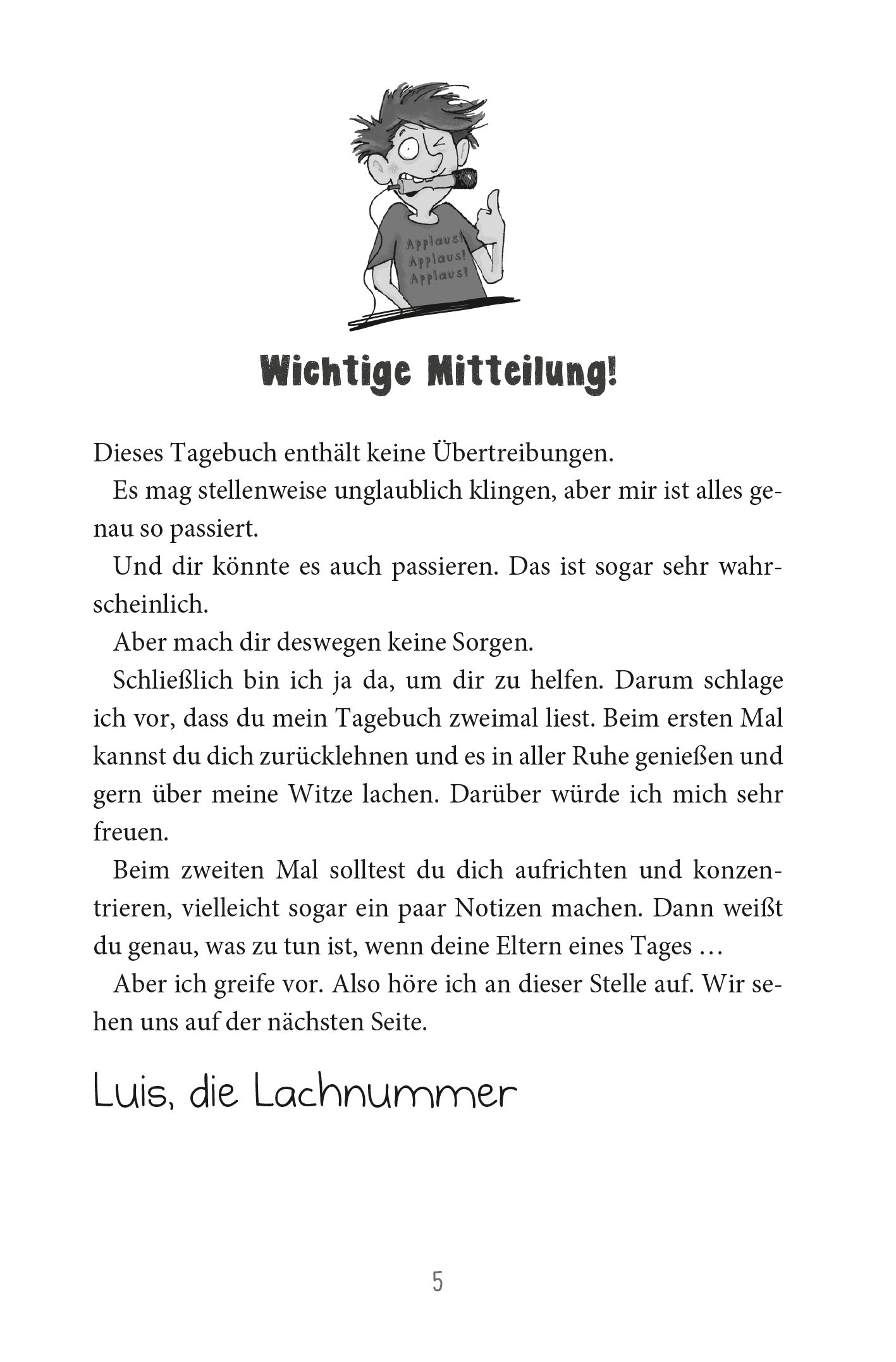 Gezeigt wird eine Innenansicht von „Wie man seine peinlichen Eltern erträgt“. Die Seite enthält einen humorvollen Text mit der Überschrift „Wichtige Mitteilung!“ in einer handschriftlichen Schriftart. Darunter steht der Text in klarer, gut lesbarer Schrift und schwarzen Buchstaben auf weißem Hintergrund. Am oberen Rand ist eine humorvolle Illustration eines Jungen zu sehen, der besorgt aussieht.