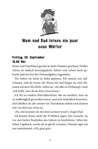 Gezeigt wird eine Innenansicht von „Wie man seine peinlichen Eltern erträgt“. Auf der Seite ist eine humorvolle Illustration eines Jungen mit zerzausten Haaren zu sehen, der nervös aussieht. Darunter steht der Titel „Mum und Dad lernen ein paar neue Wörter“ in einer verspielten, handschriftlichen Schriftart. Die Seite ist hell mit schwarzen Schriftzügen und einem klaren Layout, das die Lesbarkeit unterstützt.
