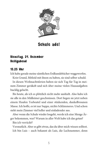 Gezeigt wird eine Innenansicht von „Wie man seinen Eltern das Internet erklärt“. Die Seite zeigt einen illustrierten Jungen mit zerzausten Haaren und T-Shirt. Unter ihm ist in fetter, schwarzer Typografie der Titel „Schule ade!“ platziert. Darunter folgt ein Textblock in klarer, gut lesbarer Schrift, der in Schwarz auf weißem Papier gedruckt ist.