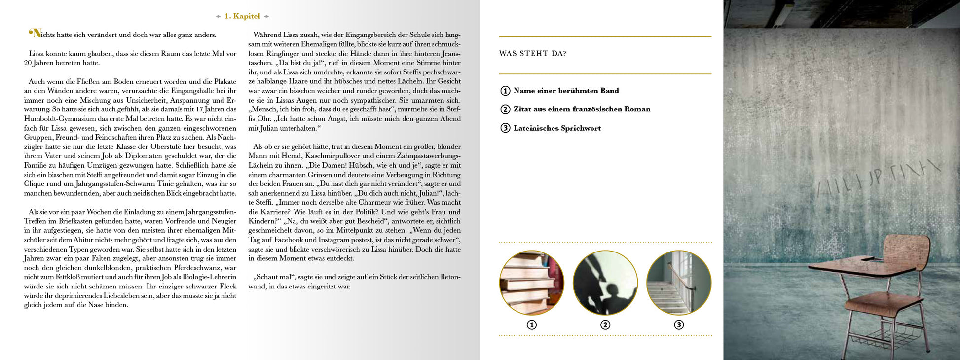 Gezeigt wird eine Innen- oder Zusatzansicht von „Escape Room. Der Schatten des Raben“. Auf der linken Seite ist ein Textabschnitt in dunkler Schrift auf hellem Hintergrund. Rechts befindet sich eine Rätselfrage: eine minimalistische Darstellung mit einer grauen Wand und einem schlichten Holzstuhl mit eingebautem Tischchen sowie einem Stuhl. Die typografischen Elemente sind modern und klar, in sanften Farbtönen gehalten. Unter dem Text sind drei Bildausschnitte zu sehen.