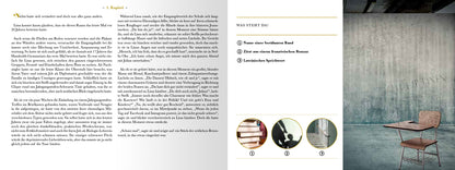 Gezeigt wird eine Innen- oder Zusatzansicht von „Escape Room. Der Schatten des Raben“. Auf der linken Seite ist ein Textabschnitt in dunkler Schrift auf hellem Hintergrund. Rechts befindet sich eine Rätselfrage: eine minimalistische Darstellung mit einer grauen Wand und einem schlichten Holzstuhl mit eingebautem Tischchen sowie einem Stuhl. Die typografischen Elemente sind modern und klar, in sanften Farbtönen gehalten. Unter dem Text sind drei Bildausschnitte zu sehen.