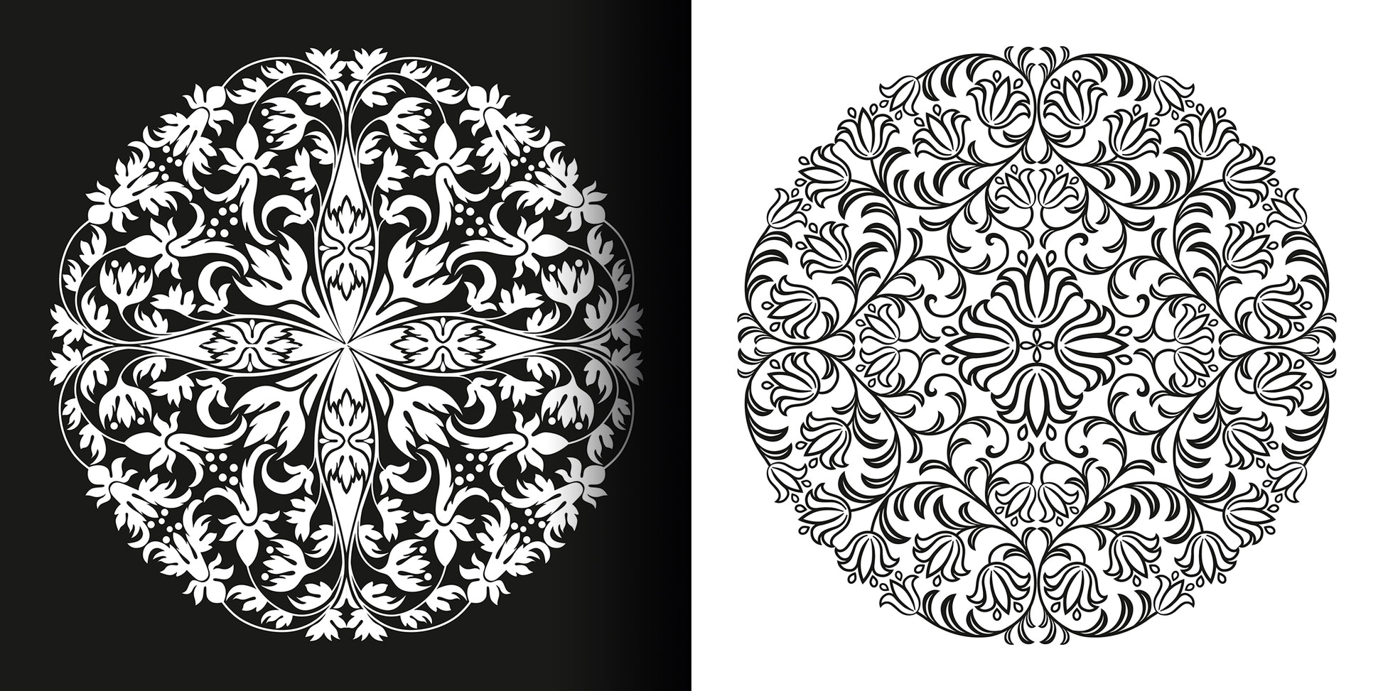 Gezeigt wird eine Innen- oder Zusatzansicht von „Mandala-Zauber“. Die Darstellung umfasst zwei kreisförmige Mandalas, eines vor einem schwarzen Hintergrund und das andere vor einem weißen. Beide Mandalas sind in filigranen, ornamentalen Mustern in Schwarz-Weiß gehalten, mit geschwungenen Linien und floralen Elementen, die harmonisch angeordnet sind. Der Kontrast zwischen den Hintergründen verstärkt die Detailfülle der Kunstwerke und lädt zur meditativen Betrachtung ein.