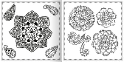 Gezeigt wird eine Innen- oder Zusatzansicht von „Mandala-Zauber“. Die Abbildung präsentiert kunstvoll gestaltete Mandalas und Ornamente in Schwarz-Weiß. Ein großes, zentral platziertes Mandala mit kreisförmigen Mustern wird von mehreren kleineren, feinen Designs umgeben. Die Struktur ist detailreich, mit eleganten Schwüngen und geometrischen Formen, die zum Ausmalen einladen.