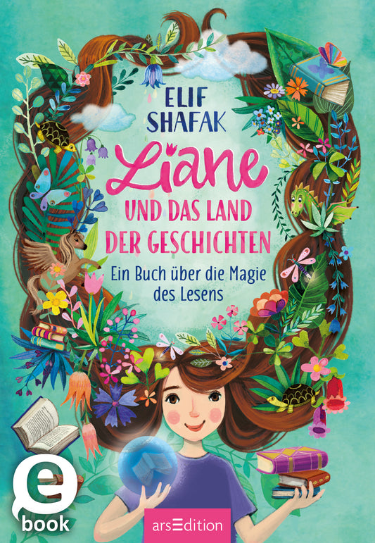 Auf dem Buchcover zur Geschichte „Liane und das Land der Geschichten“ von Elif Shafak ist eine fantasievolle Illustration zu sehen. In lebendigen Farben sind zahlreiche Blumen, Vögel und Bücher um eine junge Protagonistin gruppiert, die erwartungsvoll in die Welt der Geschichten blickt. Der Titel in verspielter, pinkfarbener Schrift hebt sich von dem bunten Hintergrund ab. Ganz oben links findet sich ein „SPIEGEL Bestseller“-Button. Ganz unten mittig steht der Logoschriftzug von...