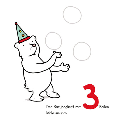 Gezeigt wird eine Innen- oder Zusatzansicht von „Lernraupe – Mein Kritzelbuch Zahlen“. Das Bild zeigt einen fröhlichen, weißen Bären mit einer bunten Party-Mütze, der mit seinen Pfoten drei unsichtbare Bälle jongliert. Unterhalb des Bären steht die Aufforderung „Der Bär jongliert mit 3 Bällen. Male sie ihm.“ in einer klaren, gut lesbaren Schrift. Die Zahlen sind rot und auffällig, während der Hintergrund schlicht gehalten ist, um die Illustration hervorzuheben.