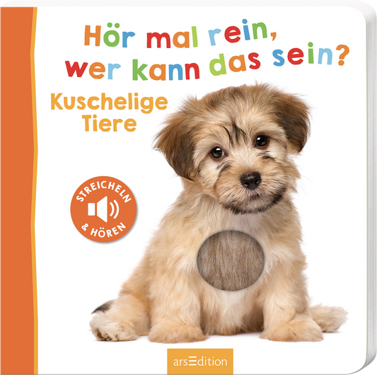 Das Buchcover zeigt einen entzückenden Hundewelpen mit wuscheligem, braunem Fell, der direkt in die Kamera blickt. Der Titel „Hör mal rein, wer kann das sein?“ in bunten, verspielten Buchstaben steht oben, während darunter „Kuschlige Tiere“ zu lesen ist. In der oberen linken Ecke befindet sich ein runder Button mit der Aufschrift „STREICHELN &amp; HÖREN“. Die zugänglichen Elemente sollen Interaktivität und Freude am Entdecken fördern. Ganz unten mittig steht der...