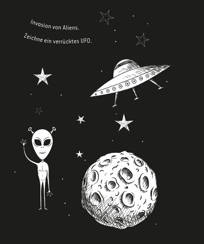 Gezeigt wird eine Innen- oder Zusatzansicht von „Kritzkratz-Spaß Regenbogen“. Auf schwarzem Hintergrund sind ein freundlicher Alien mit großen Augen und ein UFO abgebildet. Der Alien hebt eine Hand, während das UFO sanft schwebt. Rundherum sind kleine, von Hand gezeichnete Sterne zu sehen. Über den Illustrationen steht in großen, weißen Buchstaben der Satz „Invasion von Aliens. Zeichne ein verrücktes UFO.“ Die klare, verspielte Typografie und die kontrastierenden Farben fördern...