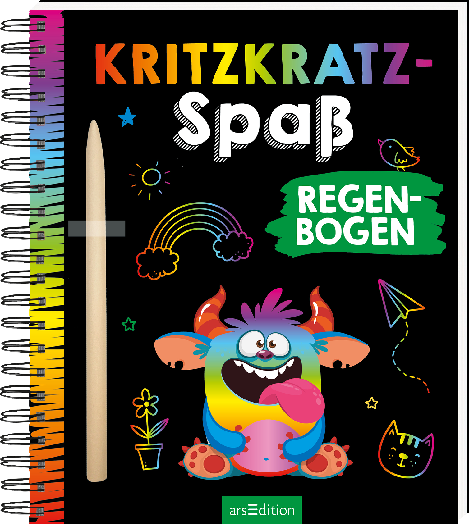 Auf dem Buchcover „Kritzkatz-Spß Regenbogen“ ist ein comicartiges, buntes Monster mit roten Hörnern und großen, fröhlichen Augen abgebildet. Es streckt seine Zunge heraus und ist umgeben von bunten, kindlichen Illustrationen wie einem Regenbogen, Sternen und einem Katzenkopf. Der Titel ist in auffälliger, farbiger Typografie gestaltet, wobei „Kritzkatz“ in großen, weißen Buchstaben hervorsticht. Ein grünes Feld mit dem Wort „Regenbogen“ setzt einen zusätzlichen Akzent. Ganz...