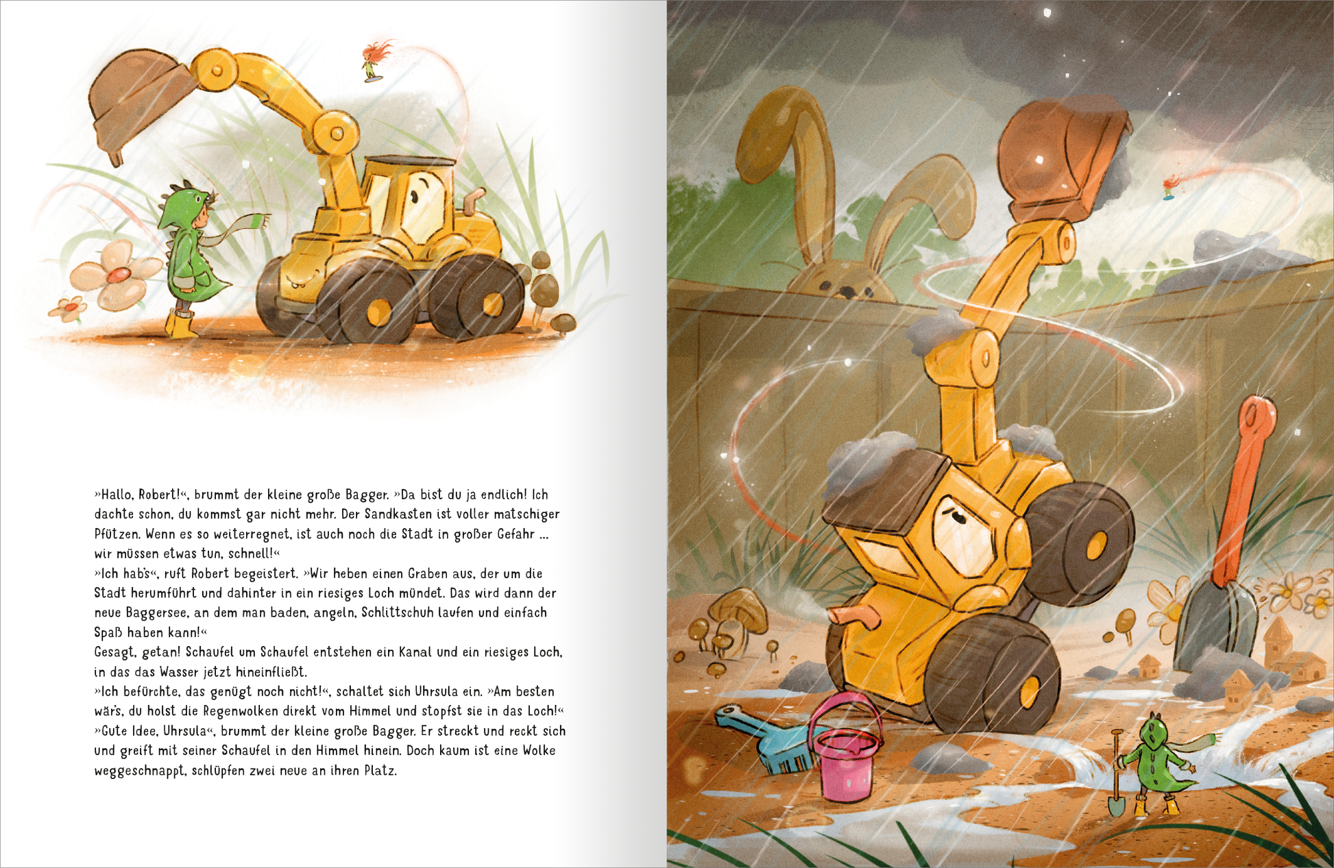 Gezeigt wird eine Innen- oder Zusatzansicht von „Kleiner großer Bagger – Eine unglaubliche Reise“. Die Illustration zeigt einen gelben Bagger in einem regnerischen Umfeld, umgeben von grünen Pflanzen und kleinen Tieren. Der Bagger hat ein freundliches Gesicht und hebt seine Schaufel an. Links steht ein kleiner, grüner Drache, der neugierig schaut. Die gedeckten Farben sind dominierend, mit sanften Brauntönen und lebendigen Akzenten in Gelb und Grün. Die Schrift ist klar und gut...
