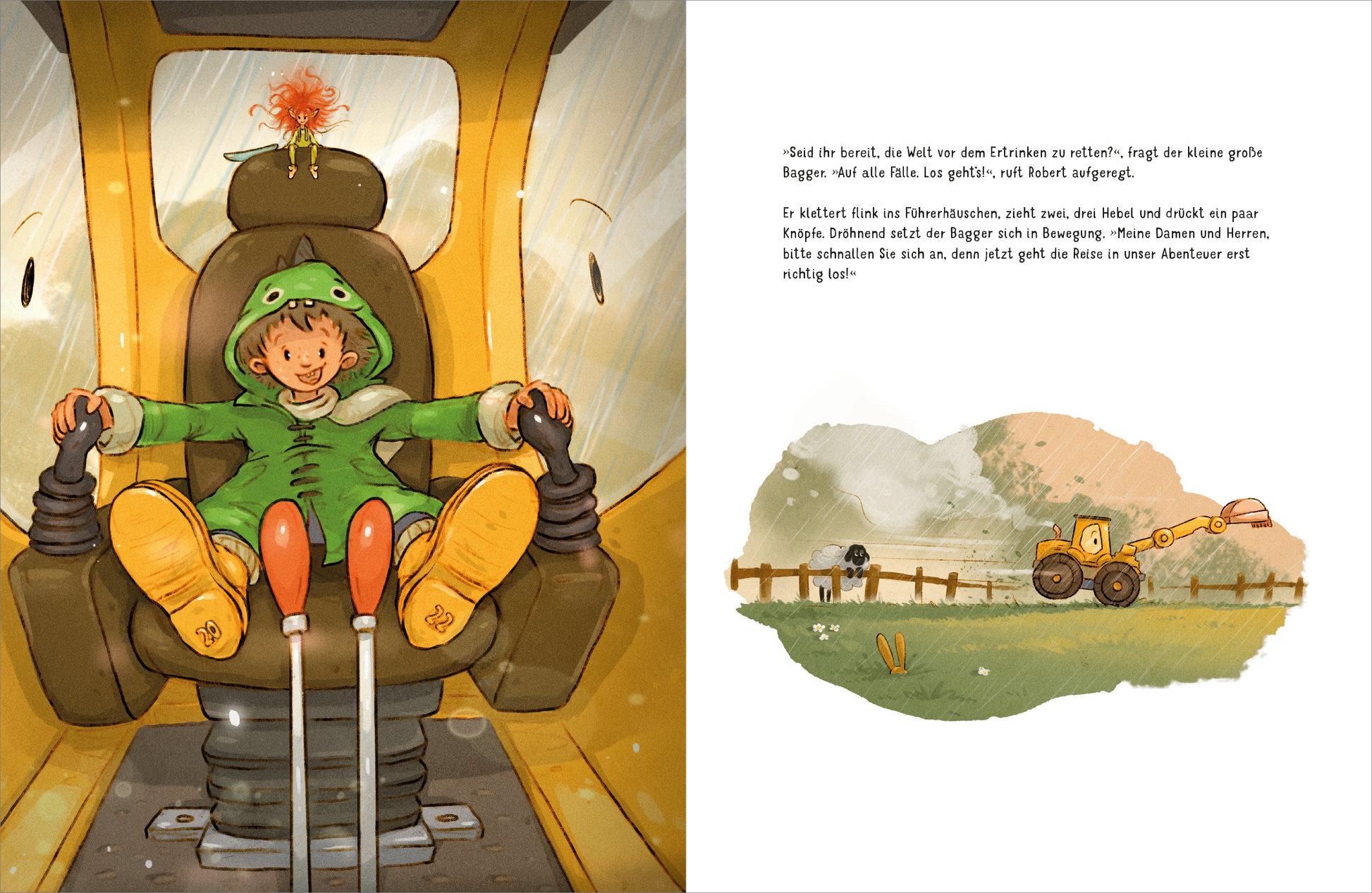 Gezeigt wird eine Innen- oder Zusatzansicht von „Kleiner großer Bagger – Eine unglaubliche Reise“. Links sitzt ein fröhlicher Junge in einem grünen Outfit und einem orangefarbenen Hut auf dem Fahrersitz eines Baggers. Die Farben sind lebhaft, vor allem Gelb, Grün und Orange. Rechts ist eine sanfte Illustrationsszene mit einem Bagger, umgeben von Feldern und einem Zaun, in der stimmigen Farbpalette von Grün- und Erdtönen. Der Text in klarer, gut lesbarer Schrift ist neben der...