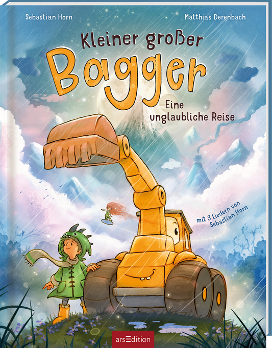 Auf dem Buchcover sind der Titel „Kleiner großer Bagger“ in großen, orangefarbenen Buchstaben sowie der Untertitel „Eine unglaubliche Reise“ in blauer Schrift zu sehen. Ein fröhlicher, comicartiger Bagger mit einem großen Schaufelarm steht im Vordergrund, während ein Kind in einem grünen Outfit neben ihm steht. Der Hintergrund zeigt eine bunte Landschaft mit sanften Hügeln und Wolken. Ganz unten mittig steht der Logoschriftzug von arsEdition.
