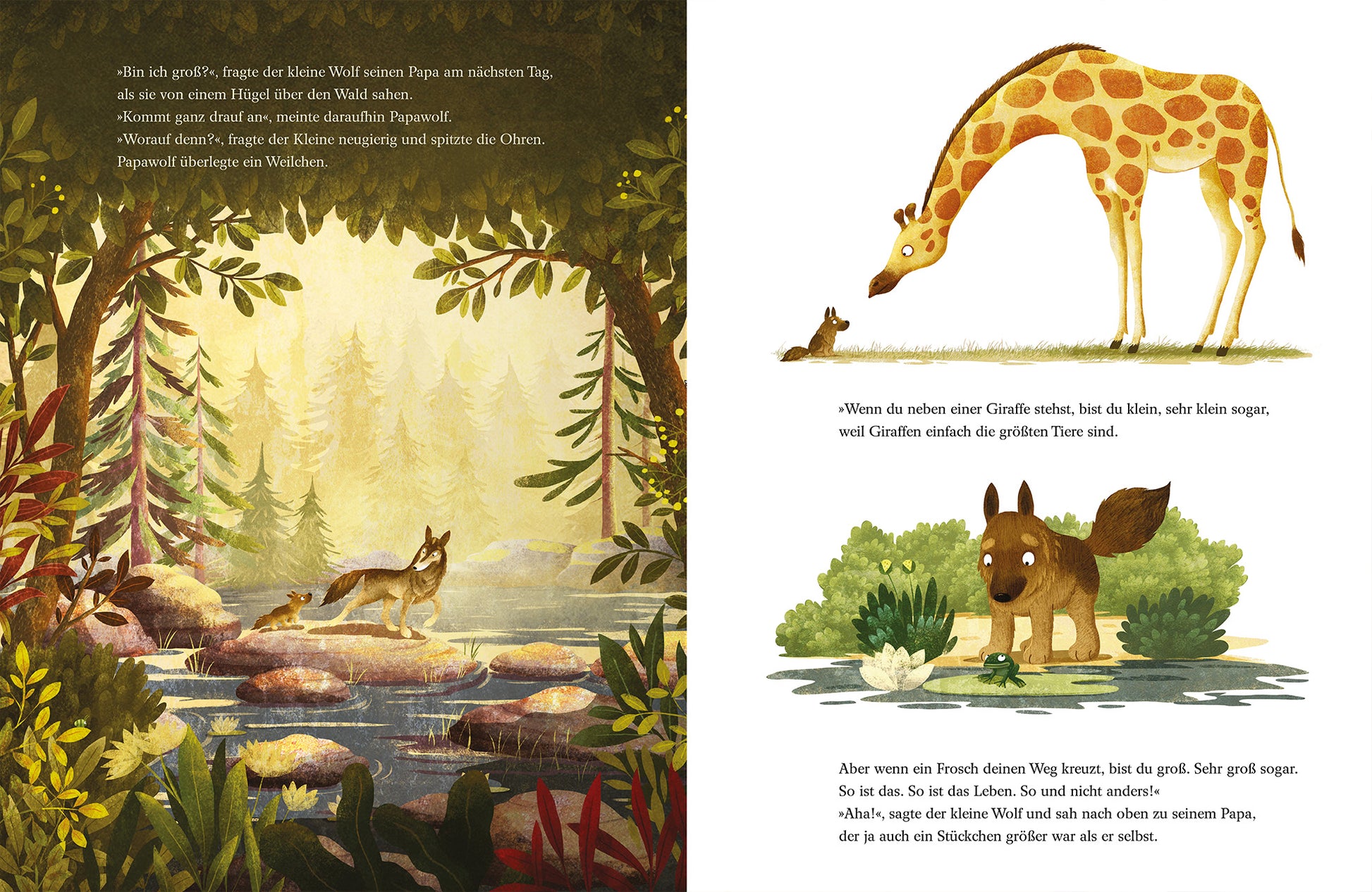 Gezeigt wird eine Innen- oder Zusatzansicht von „Du, Papa ... Ist zehn viel?“. Die Illustration zeigt einen kleinen Wolf am Ufer eines klaren Baches, umgeben von üppigem, grünen Wald. Auf der rechten Seite steht eine große Giraffe, die freundlich auf einen kleineren, braunen Hund schaut. Die Farben sind warm und harmonisch, mit sanften Grüntönen, Erdtönen und lebhaften Akzenten. Die Typografie ist klar und kinderfreundlich, abwechslungsreich eingesetzt, um die Textpassagen lebendig zu...