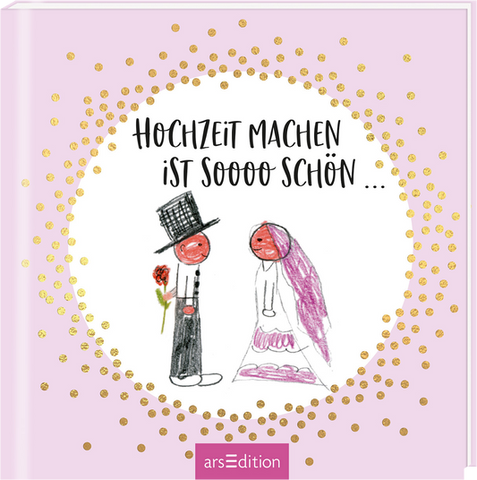 Auf dem Buchcover mit einem sanften rosa Hintergrund sind zwei liebevoll gezeichnete Figuren abgebildet: ein Bräutigam in einem schwarzen Anzug mit Zylinder und einer Blume sowie eine Braut mit einem langen weißen Kleid und einem rosa Schleier. Um die Figuren herum glitzern goldene Punkte, die eine fröhliche Atmosphäre schaffen. Der Titel „Hochzeit machen ist soooo schön …“ ist in einer verspielten, handschriftlichen Schriftart in Schwarz platziert. Ganz unten mittig steht der...