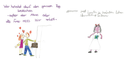Gezeigt wird eine Innen- oder Zusatzansicht von „Hochzeit machen ist sooo schön…“. Auf der linken Seite sind zwei Figuren, ein Mann und eine Frau, in fröhlichen Farben dargestellt, mit Herzen im Hintergrund. Der Mann hält eine Aktentasche, während die Frau in einem rosa Kleid steht. Auf der rechten Seite befindet sich eine Figur mit langen Haaren und einem weißen Kleid, die grüne Schmetterlinge zeigt. Der Text ist in bunten, verspielten Buchstaben geschrieben, wobei die linke Seite...