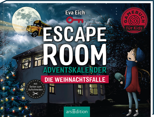 Das Buchcover zeigt eine stimmungsvolle Nachtszene mit einem leuchtenden Vollmond und einem gelben Schulbus, der schwebend erscheint. Im Vordergrund steht ein Kind in warmer Bekleidung, das neugierig zur Seite blickt. Der Titel „ESCAPE ROOM“ dominiert in großen, weißen Buchstaben, unterstreicht von den Worten „ADVENTSKALENDER“ in grün und „DIE WEIHNACHTSFLALLE“ in rot. Darunter befindet sich ein Button mit dem Hinweis „Mit Seiten zum Aufschneiden“. Ganz unten mittig steht der...