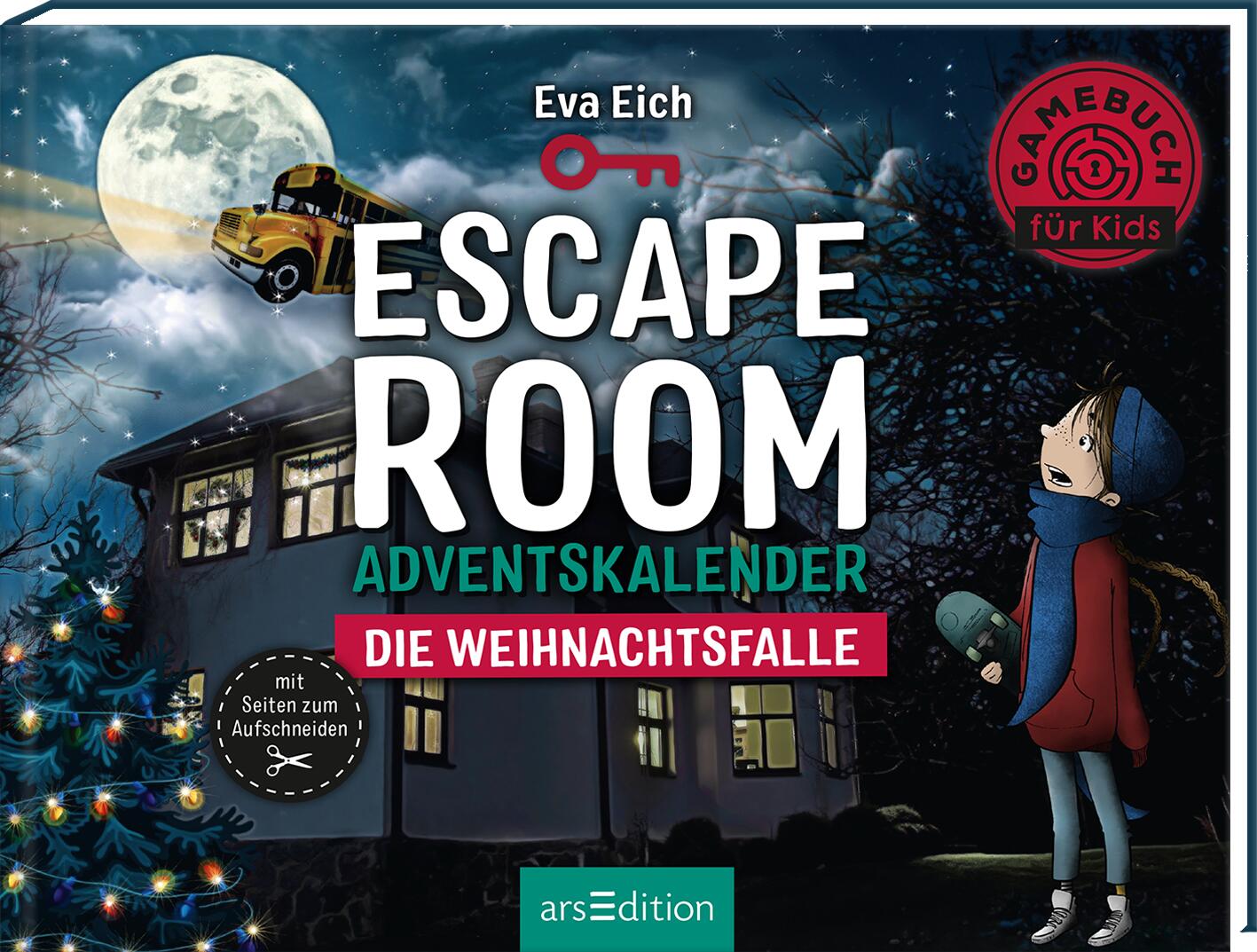 Cover des Buchs 'Escape Room Adventskalender – Die Weihnachtsfalle' von Eva Eich. Zu sehen sind ein fliegender gelber Schulbus vor einem nächtlichen Winterhimmel, ein erleuchtetes Haus und ein Kind mit Taschenlampe im Vordergrund. Logos von 'Gamebuch für Kids' und arsEdition sind sichtbar.