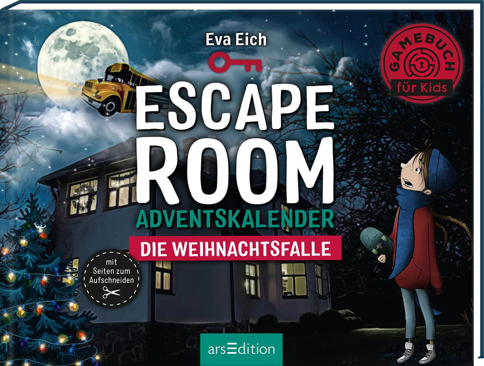 Cover des Buchs 'Escape Room Adventskalender – Die Weihnachtsfalle' von Eva Eich. Zu sehen sind ein fliegender gelber Schulbus vor einem nächtlichen Winterhimmel, ein erleuchtetes Haus und ein Kind mit Taschenlampe im Vordergrund. Logos von 'Gamebuch für Kids' und arsEdition sind sichtbar.